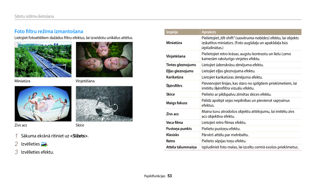 Samsung EC-ST72ZZBPLE2, EC-ST72ZZBPWE2, EC-ST150FBPWE2, EC-ST72ZZBPBE2, EC-ST150FBPBE2 manual Foto filtru režīma izmantošana 