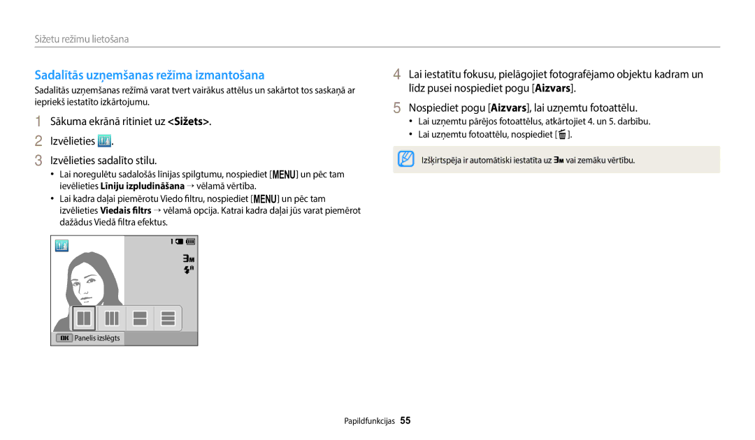 Samsung EC-ST150FBPWE2, EC-ST72ZZBPWE2, EC-ST72ZZBPBE2, EC-ST150FBPBE2 manual Sadalītās uzņemšanas režīma izmantošana 