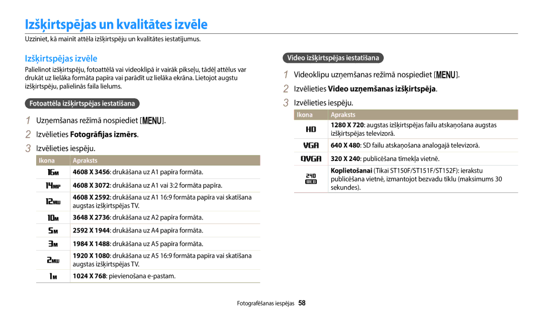 Samsung EC-ST72ZZBPLE2 manual Izšķirtspējas un kvalitātes izvēle, Izšķirtspējas izvēle, Izvēlieties Fotogrāfijas izmērs 