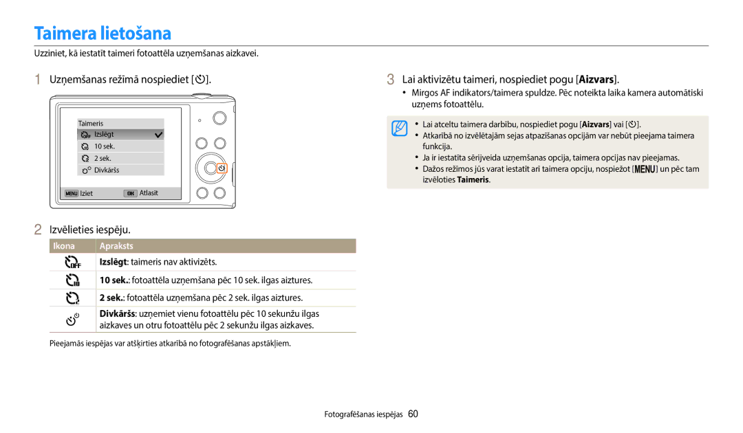 Samsung EC-ST150FBPWE2, EC-ST72ZZBPWE2, EC-ST72ZZBPBE2, EC-ST150FBPBE2, EC-ST72ZZBPLE2 manual Taimera lietošana 