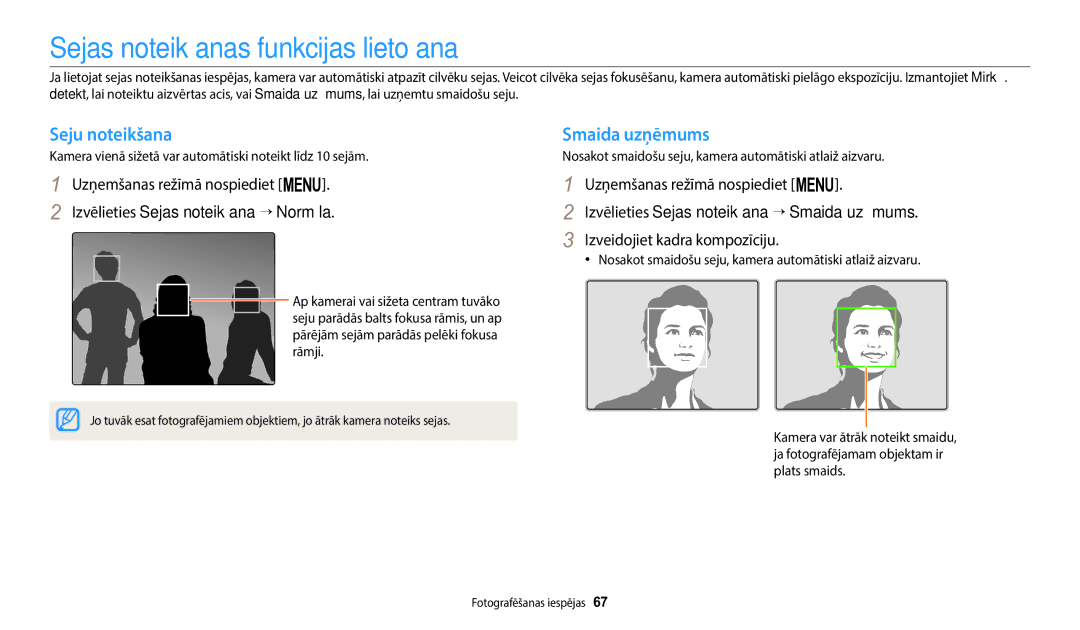 Samsung EC-ST150FBPBE2, EC-ST72ZZBPWE2 manual Sejas noteikšanas funkcijas lietošana, Seju noteikšana, Smaida uzņēmums 