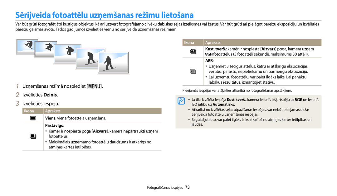 Samsung EC-ST72ZZBPLE2, EC-ST72ZZBPWE2, EC-ST150FBPWE2 manual Sērijveida fotoattēlu uzņemšanas režīmu lietošana, Pastāvīgs 