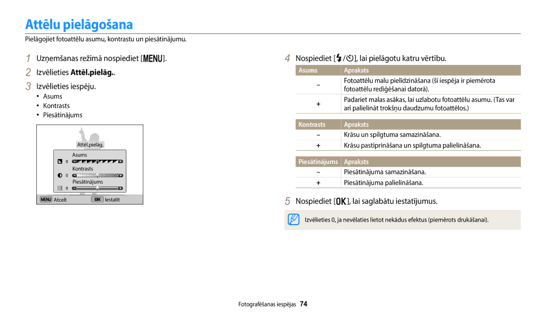 Samsung EC-ST72ZZBPWE2, EC-ST150FBPWE2 Attēlu pielāgošana, Nospiediet F/t, lai pielāgotu katru vērtību, Asums, Kontrasts 