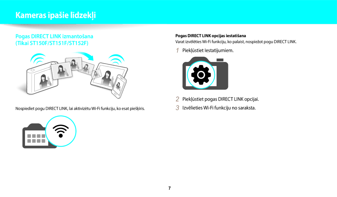 Samsung EC-ST150FBPBE2, EC-ST72ZZBPWE2, EC-ST150FBPWE2 manual Kameras īpašie līdzekļi, Pogas Direct Link opcijas iestatīšana 