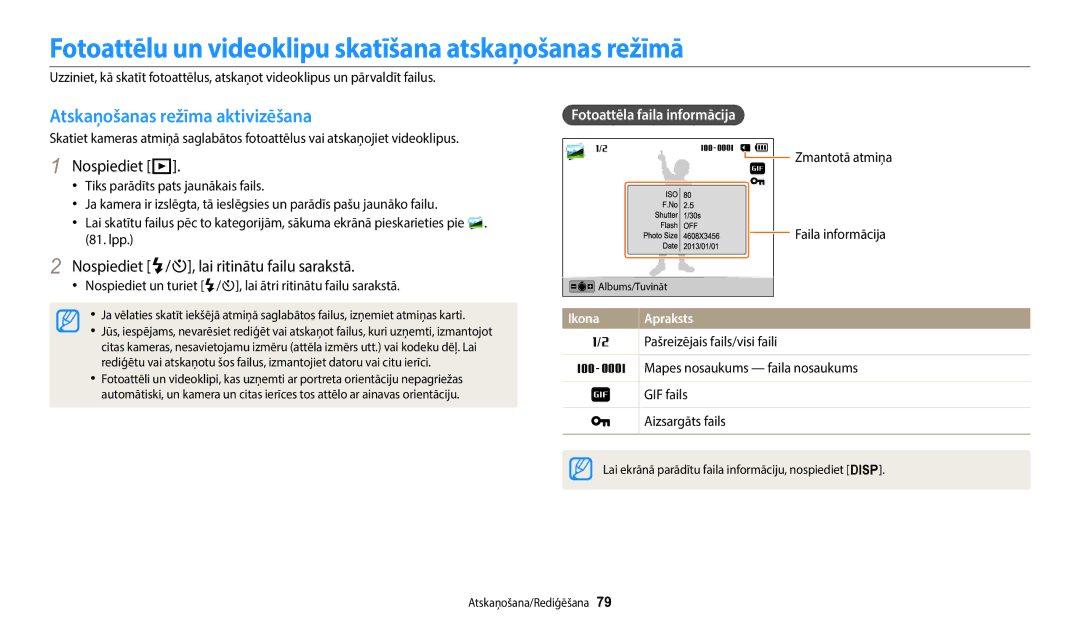 Samsung EC-ST72ZZBPWE2 manual Fotoattēlu un videoklipu skatīšana atskaņošanas režīmā, Atskaņošanas režīma aktivizēšana 