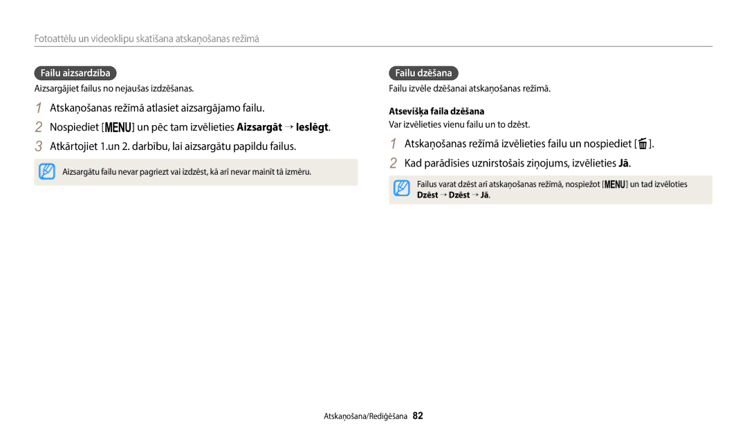 Samsung EC-ST150FBPBE2, EC-ST72ZZBPWE2, EC-ST150FBPWE2 manual Failu aizsardzība, Failu dzēšana, Atsevišķa faila dzēšana 