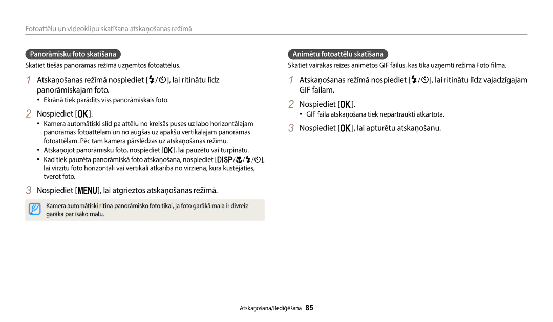 Samsung EC-ST150FBPWE2 manual Nospiediet o, Nospiediet m, lai atgrieztos atskaņošanas režīmā, Panorāmisku foto skatīšana 