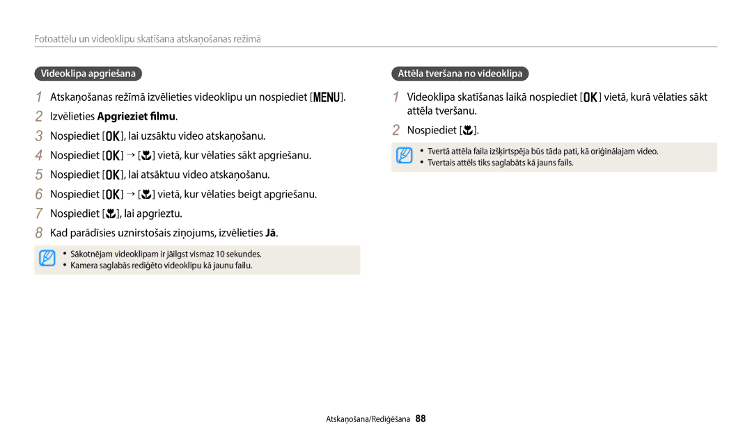 Samsung EC-ST72ZZBPLE2 manual Atskaņošanas režīmā izvēlieties videoklipu un nospiediet m, Izvēlieties Apgrieziet filmu 