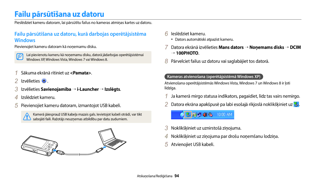 Samsung EC-ST72ZZBPWE2, EC-ST150FBPWE2 manual Failu pārsūtīšana uz datoru, Izvēlieties Savienojamība → i-Launcher → Izslēgts 