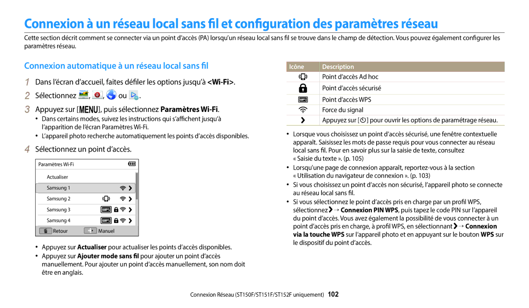 Samsung EC-ST152FBDWFR, EC-ST73ZZBDRFR Connexion automatique à un réseau local sans fil, Sélectionnez un point d’accès 