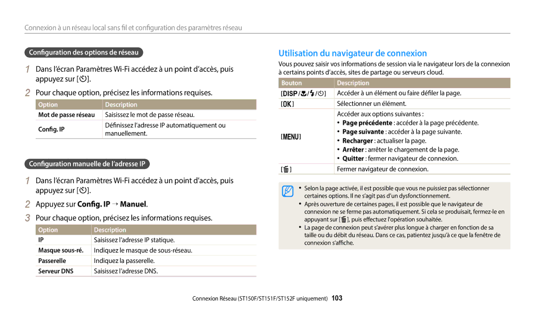 Samsung EC-ST150FBPBFR manual Utilisation du navigateur de connexion, Appuyez sur t, Appuyez sur Config. IP → Manuel 