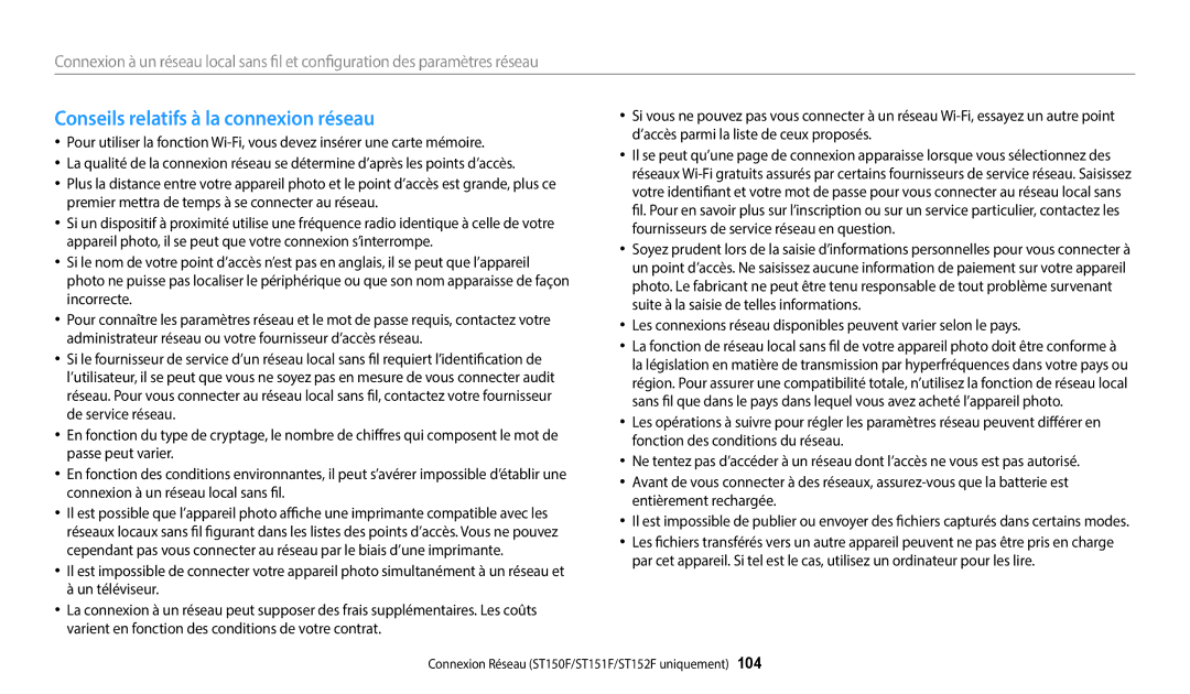 Samsung EC-ST72ZZBPBFR, EC-ST73ZZBDRFR, EC-ST73ZZBDBFR, EC-ST72ZZBPRFR manual Conseils relatifs à la connexion réseau 