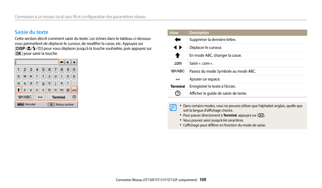 Samsung EC-ST150FBPWFR, EC-ST73ZZBDRFR, EC-ST73ZZBDBFR, EC-ST72ZZBPRFR, EC-ST72ZZBPWFR manual Saisie du texte, Terminé 