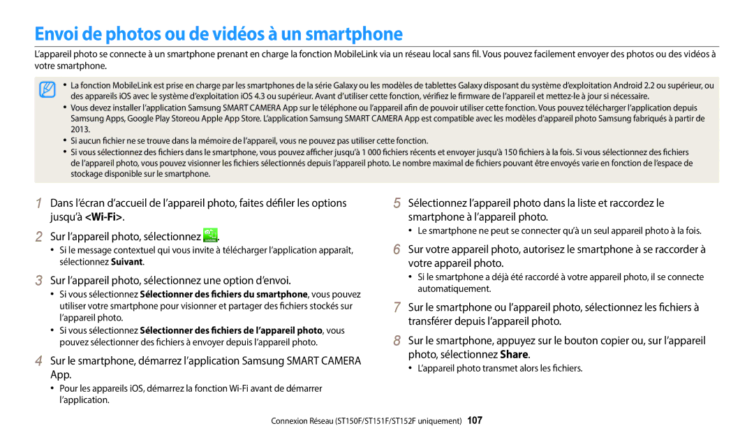 Samsung EC-ST73ZZBDRFR Envoi de photos ou de vidéos à un smartphone, Sur l’appareil photo, sélectionnez une option d’envoi 