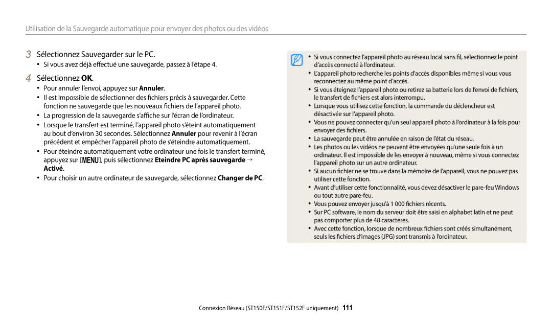 Samsung EC-ST152FBDWFR Sélectionnez Sauvegarder sur le PC, Sélectionnez OK, Pour annuler l’envoi, appuyez sur Annuler 