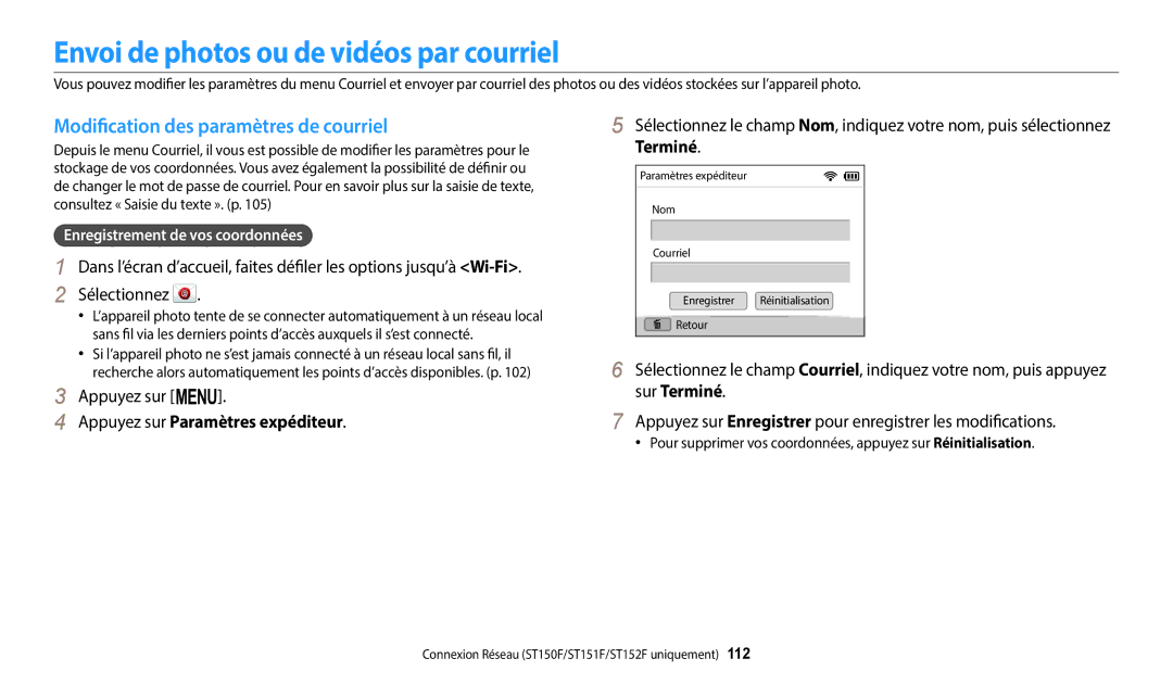 Samsung EC-ST150FBPBFR, EC-ST73ZZBDRFR Envoi de photos ou de vidéos par courriel, Modification des paramètres de courriel 