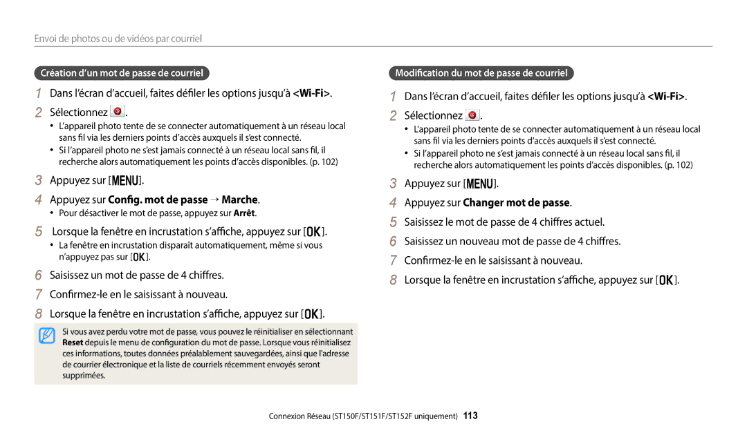 Samsung EC-ST72ZZBPBFR, EC-ST73ZZBDRFR manual Appuyez sur Config. mot de passe → Marche, Appuyez sur Changer mot de passe 