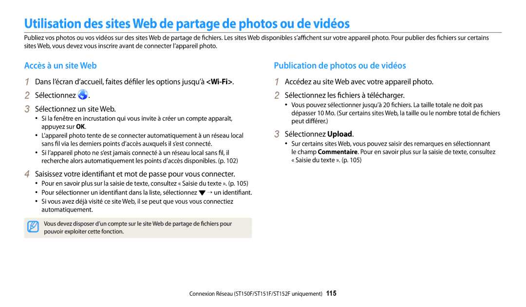 Samsung EC-ST73ZZBDWFR, EC-ST73ZZBDRFR Utilisation des sites Web de partage de photos ou de vidéos, Accès à un site Web 