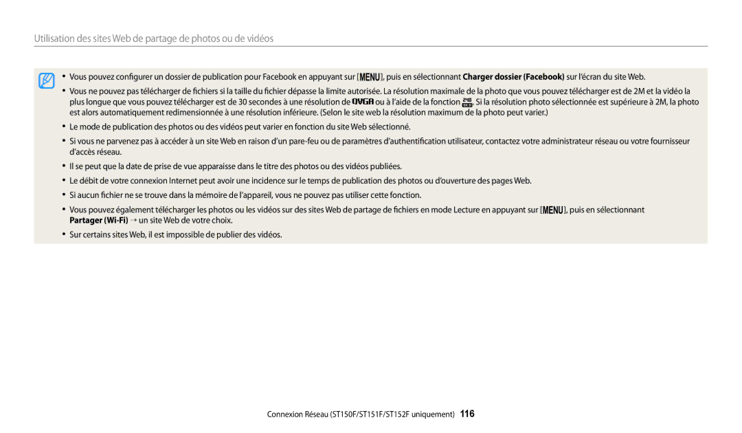 Samsung EC-ST73ZZBDRFR, EC-ST73ZZBDBFR, EC-ST72ZZBPRFR manual Utilisation des sites Web de partage de photos ou de vidéos 