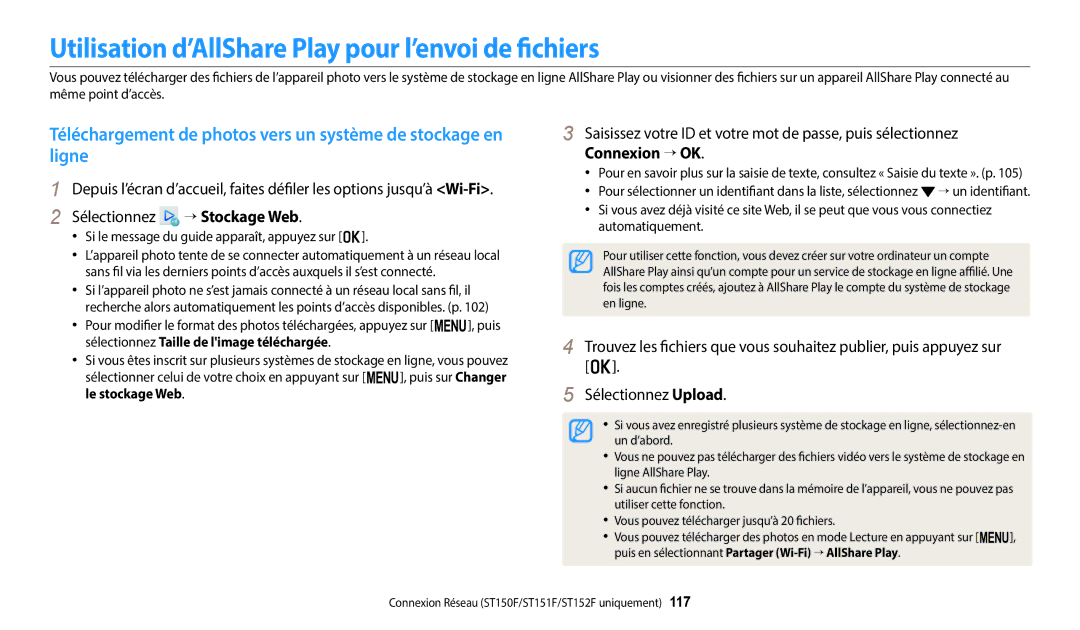 Samsung EC-ST73ZZBDBFR, EC-ST73ZZBDRFR Utilisation d’AllShare Play pour l’envoi de fichiers, Sélectionnez → Stockage Web 