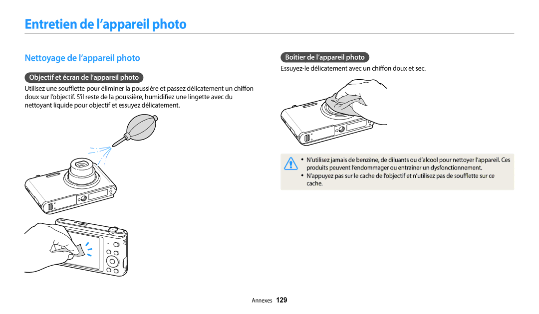 Samsung EC-ST152FBDWFR Entretien de l’appareil photo, Nettoyage de l’appareil photo, Objectif et écran de l’appareil photo 