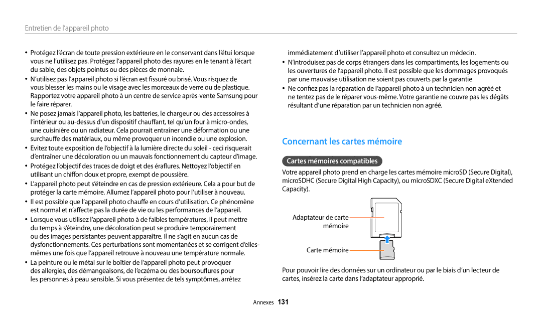 Samsung EC-ST72ZZBPBFR, EC-ST73ZZBDRFR, EC-ST73ZZBDBFR manual Concernant les cartes mémoire, Cartes mémoires compatibles 