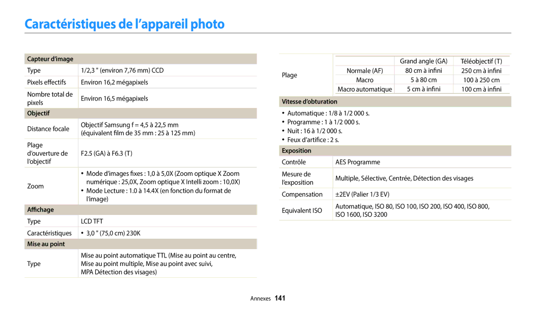 Samsung EC-ST150FBPWFR manual Caractéristiques de l’appareil photo, Capteur d’image, Mise au point, Vitesse d’obturation 