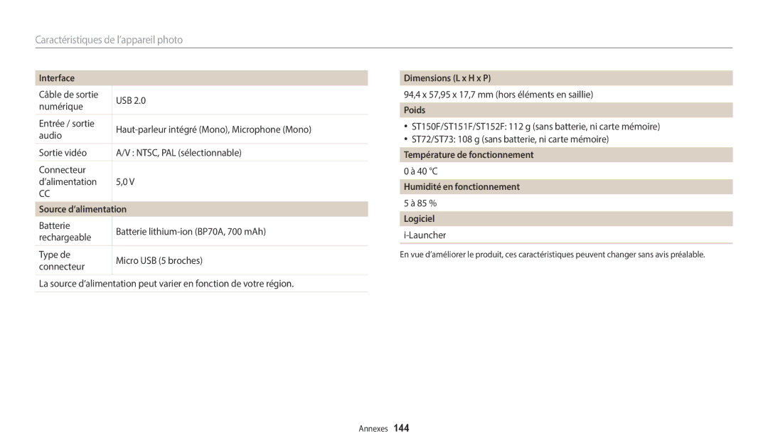 Samsung EC-ST73ZZBDBFR manual Interface, Source d’alimentation, Dimensions L x H x P, Poids, Température de fonctionnement 