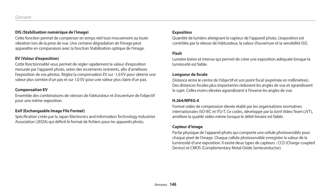 Samsung EC-ST72ZZBPWFR DIS Stabilisation numérique de l’image, EV Valeur d’exposition, Compensation EV, Longueur de focale 