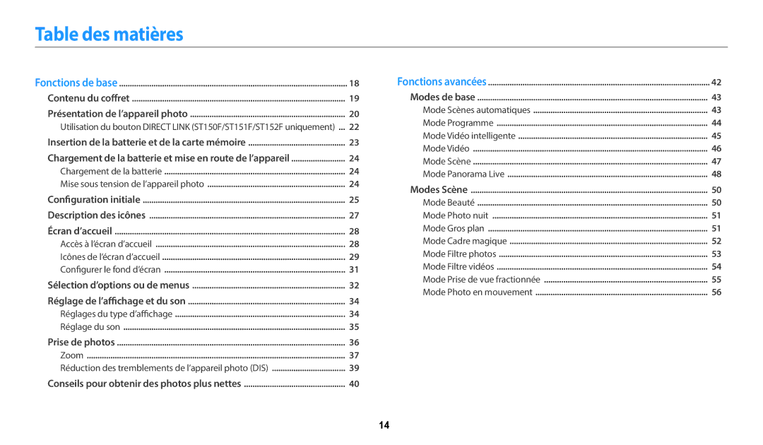 Samsung EC-ST72ZZBPBFR, EC-ST73ZZBDRFR manual Table des matières, Réduction des tremblements de l’appareil photo DIS 