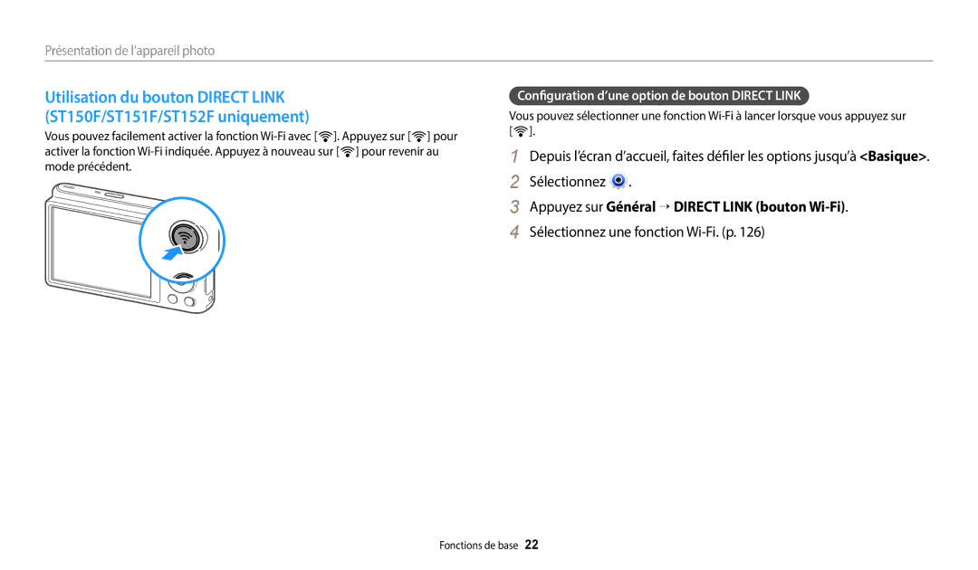 Samsung EC-ST150FBPBFR manual Appuyez sur Général → Direct Link bouton Wi-Fi, Sélectionnez une fonction Wi-Fi. p 