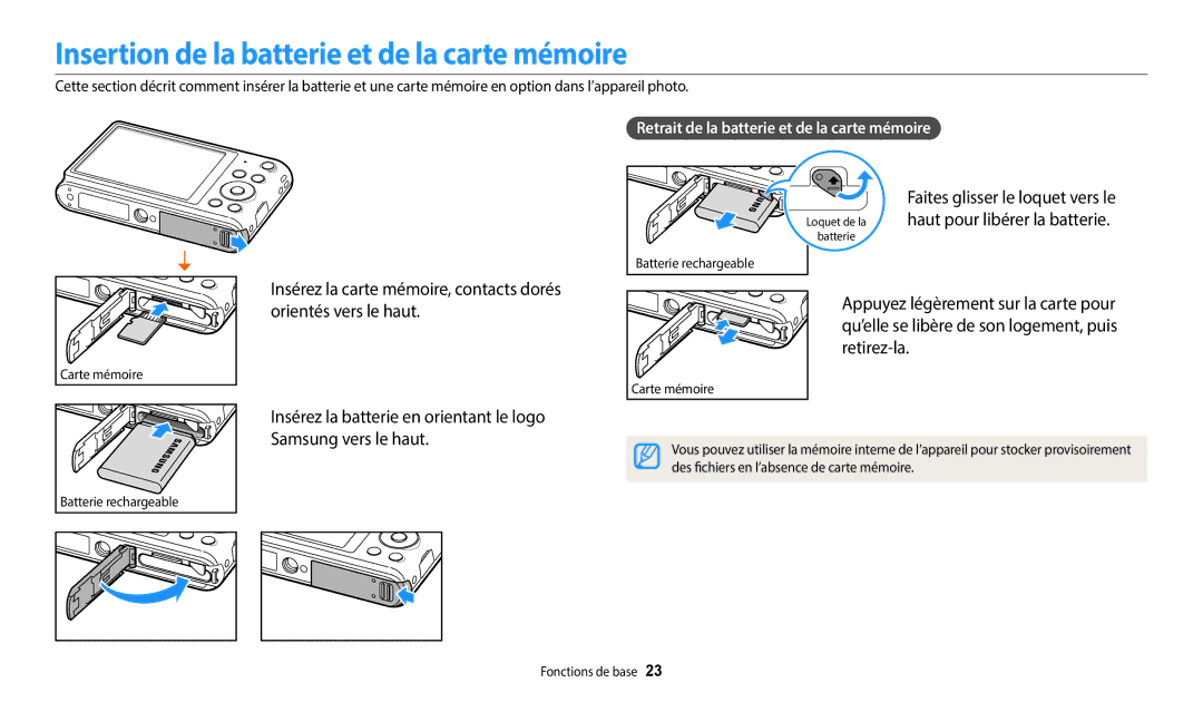 Samsung EC-ST72ZZBPBFR Insertion de la batterie et de la carte mémoire, Retrait de la batterie et de la carte mémoire 