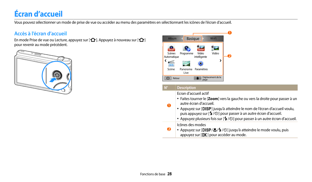 Samsung EC-ST72ZZBPRFR manual Écran d’accueil, Accès à l’écran d’accueil, Ecran d’accueil actif, Autre écran d’accueil 