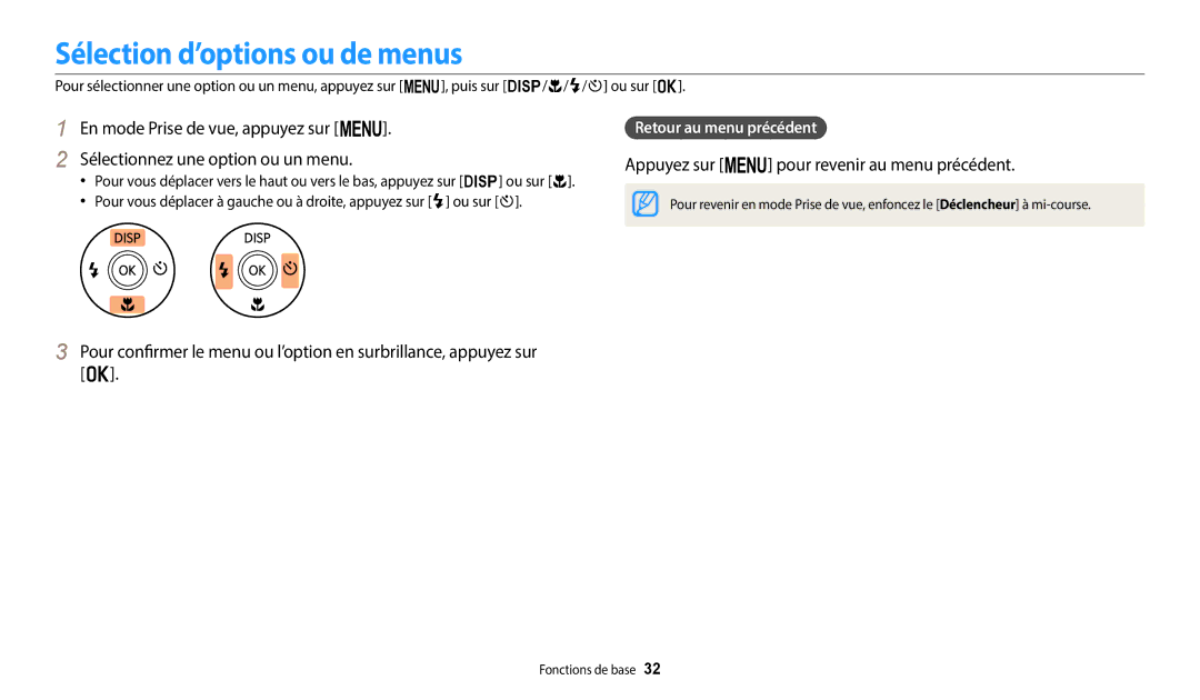 Samsung EC-ST72ZZBPBFR, EC-ST73ZZBDRFR manual Sélection d’options ou de menus, Appuyez sur m pour revenir au menu précédent 