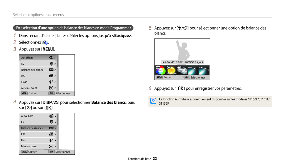 Samsung EC-ST150FBPWFR, EC-ST73ZZBDRFR manual Sélectionnez Appuyez sur m, Appuyez sur o pour enregistrer vos paramètres 