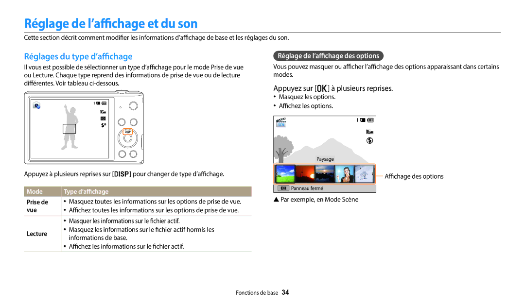 Samsung EC-ST73ZZBDWFR Réglage de l’affichage et du son, Réglages du type d’affichage, Appuyez sur o à plusieurs reprises 