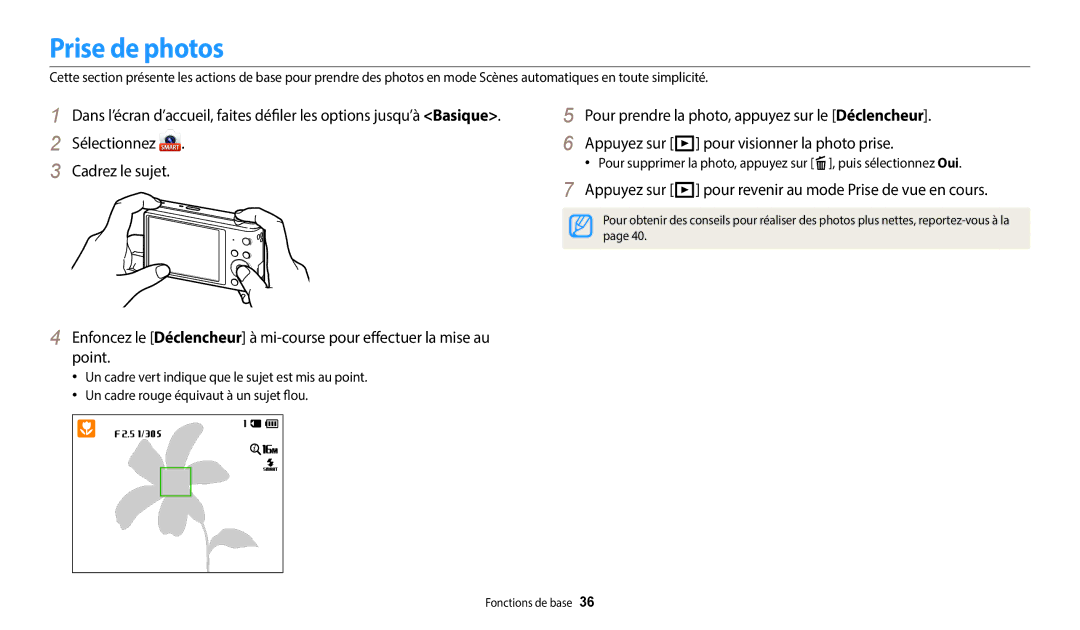 Samsung EC-ST73ZZBDBFR, EC-ST73ZZBDRFR manual Prise de photos, Appuyez sur P pour revenir au mode Prise de vue en cours 