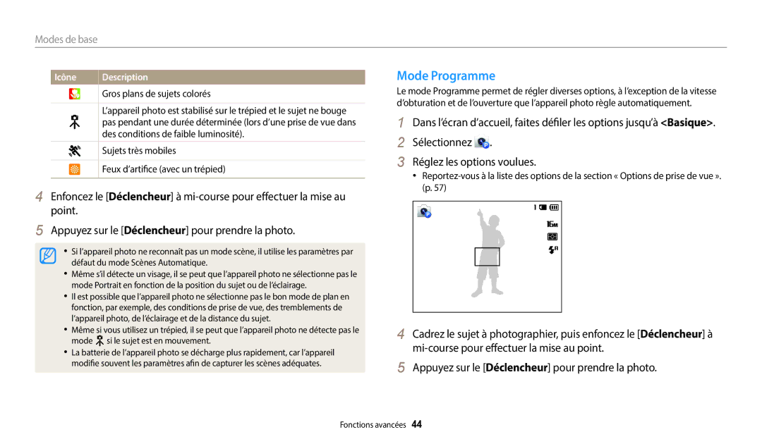 Samsung EC-ST73ZZBDRFR, EC-ST73ZZBDBFR, EC-ST72ZZBPRFR manual Mode Programme, Sélectionnez Réglez les options voulues 