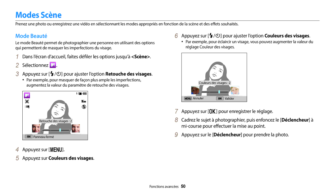 Samsung EC-ST72ZZBPBFR, EC-ST73ZZBDRFR, EC-ST73ZZBDBFR manual Modes Scène, Mode Beauté, Appuyez sur Couleurs des visages 