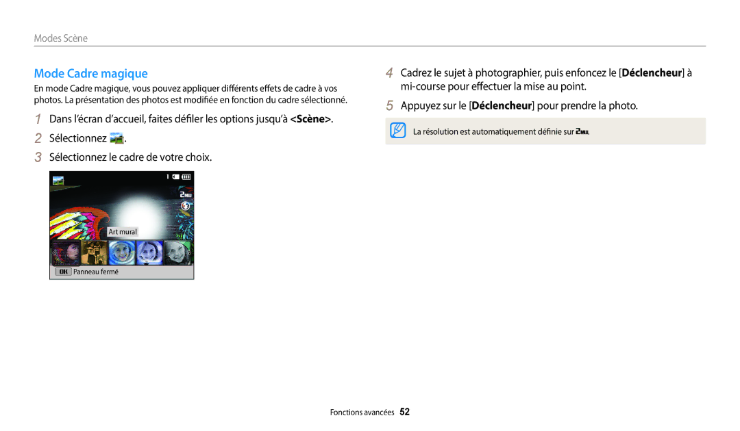 Samsung EC-ST73ZZBDWFR, EC-ST73ZZBDRFR, EC-ST73ZZBDBFR, EC-ST72ZZBPRFR, EC-ST72ZZBPWFR, EC-ST152FBDWFR manual Mode Cadre magique 