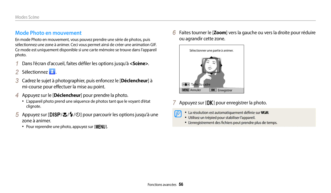 Samsung EC-ST72ZZBPWFR, EC-ST73ZZBDRFR, EC-ST73ZZBDBFR Mode Photo en mouvement, Appuyez sur o pour enregistrer la photo 