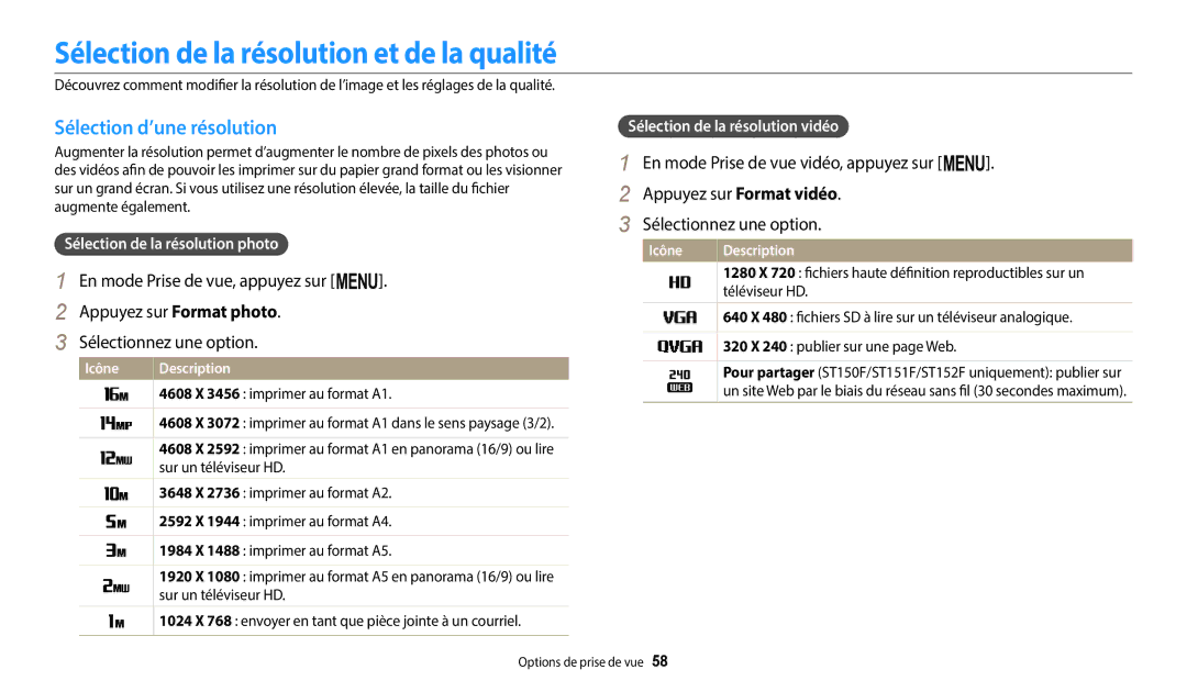 Samsung EC-ST150FBPBFR, EC-ST73ZZBDRFR manual Sélection de la résolution et de la qualité, Sélection d’une résolution 