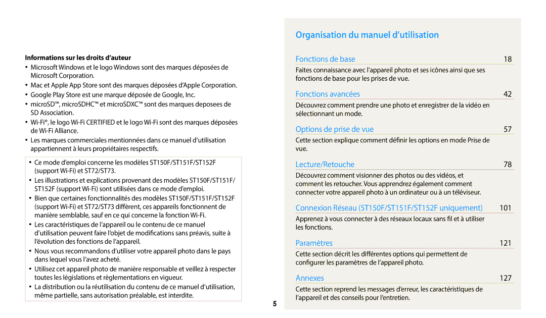 Samsung EC-ST72ZZBPBFR manual Organisation du manuel d’utilisation, 101, 121, 127, Informations sur les droits d’auteur 