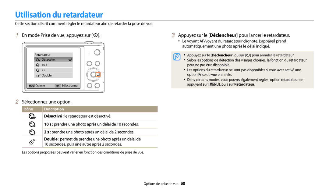 Samsung EC-ST150FBPWFR, EC-ST73ZZBDRFR, EC-ST73ZZBDBFR manual Utilisation du retardateur, En mode Prise de vue, appuyez sur t 