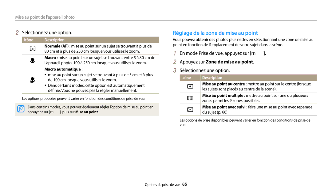 Samsung EC-ST72ZZBPWFR manual Réglage de la zone de mise au point, En mode Prise de vue, appuyez sur m, Macro automatique 