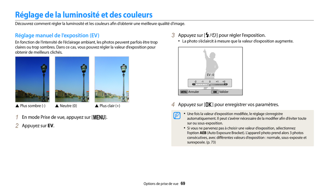 Samsung EC-ST150FBPWFR manual Réglage de la luminosité et des couleurs, Réglage manuel de l’exposition EV,  Neutre 