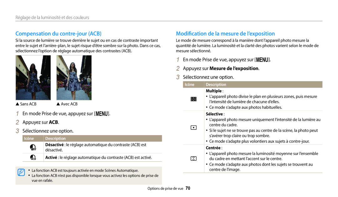 Samsung EC-ST73ZZBDWFR, EC-ST73ZZBDRFR manual Compensation du contre-jour ACB, Modification de la mesure de l’exposition 