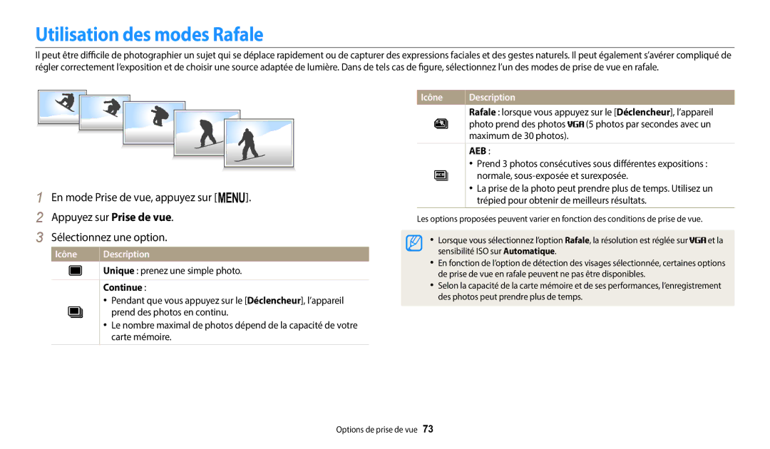 Samsung EC-ST72ZZBPRFR manual Utilisation des modes Rafale, Continue, Photo prend des photos, Maximum de 30 photos 