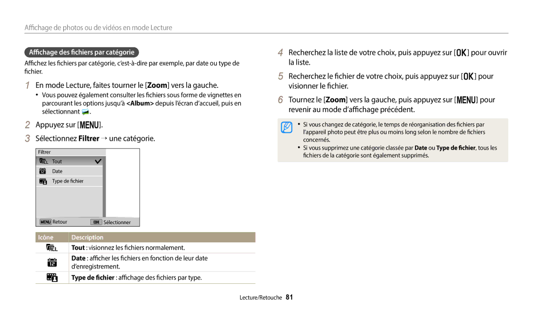 Samsung EC-ST73ZZBDBFR manual En mode Lecture, faites tourner le Zoom vers la gauche, Affichage des fichiers par catégorie 