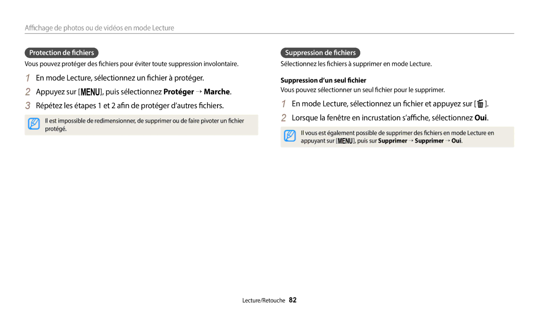 Samsung EC-ST72ZZBPRFR, EC-ST73ZZBDRFR manual Protection de fichiers, Suppression de fichiers, Suppression d’un seul fichier 